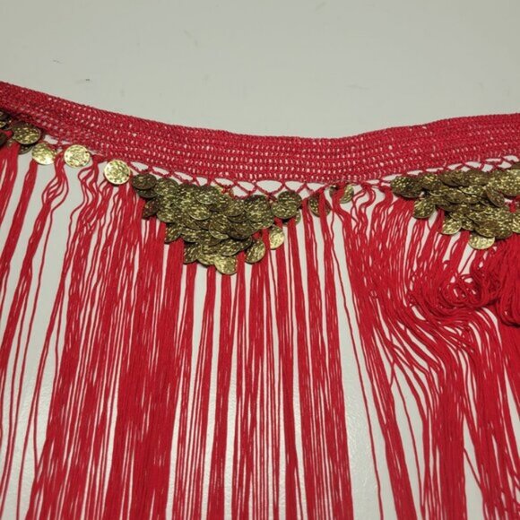 Red Hip Skirt Belly Dance Tassels Fringe Skirt Bellydance Coins Fringe Hip Scarf - Picture 4 of 13